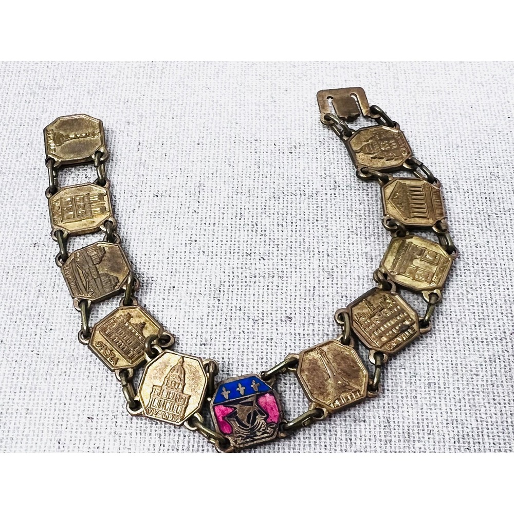 Vintage Paris Souvenir Panel Bracelet Brass Enamel Crest Eiffel Tower Landmarks